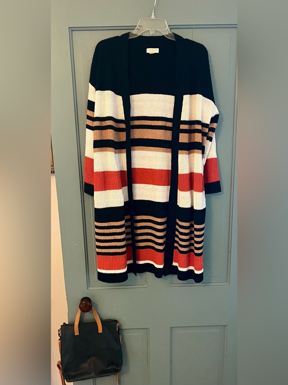 Striped Long Open Cardigan Sweater - Black, White, Rust, Tan